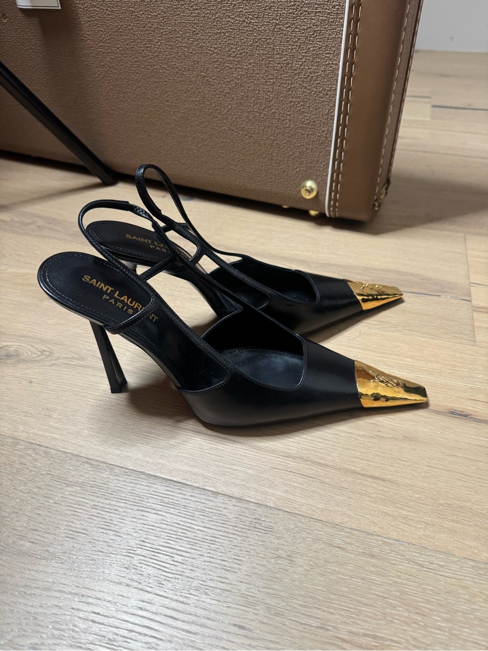 Saint Laurent Jeanne Black Leather Slingback Pumps with Gold Toe Cap - Picture 3 of 5